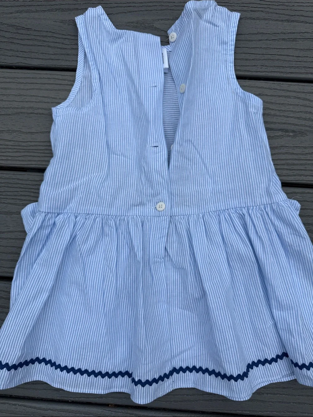 Good Lad Light Blue Pinstripe Dress with Red, Blue & Yellow Butterflies